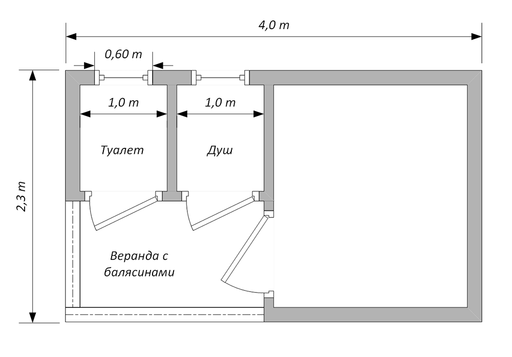 ХБ-В-32 (4м) Хозблок с угловой верандой, одной комнатой и двумя санузлами с отделкой вагонкой - план